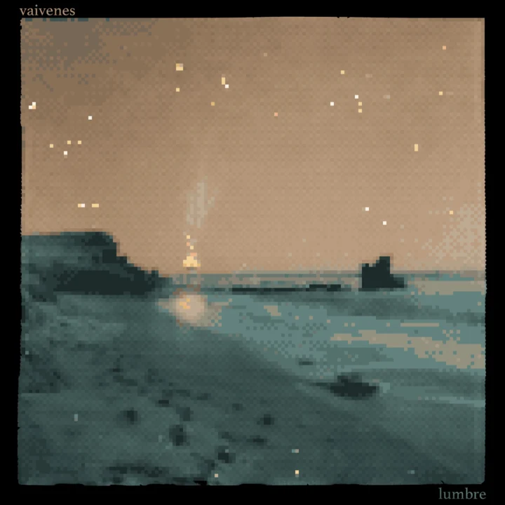 The cover of Vaivenes, by Lumbre, redrawn in pixels for the game: a beach at dusk under a few stars, a small fire on the sand.