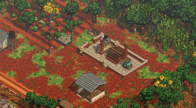 Morning on the farm: red earth, green yerba rows, the drying shed with its brick chimneys.