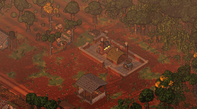 Dusk: the whole farm in orange light and haze.