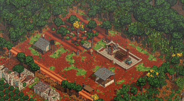 The first farm in the morning: the drying shed, the yerba rows, the house on stilts and the forest all round.