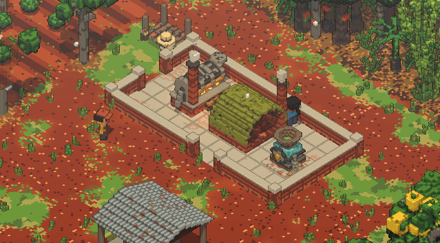 In game: the shed and its machines drawn in chunky pixels with warm outlines.
